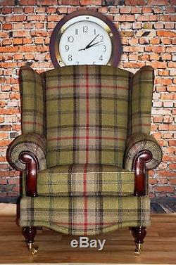 Wing Back Fireside Queen Anne Chair Balmoral Hunter Green Tartan VIP Range