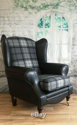 Wing Back Fireside Queen Anne Chair Black & Grey Tartan with Snakeskin Frame