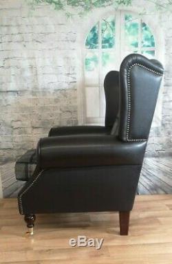 Wing Back Fireside Queen Anne Chair Black & Grey Tartan with Snakeskin Frame