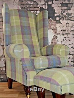 Wing Back Fireside Queen Anne Chair Extra Tall High Back Pistashio Green Tartan