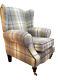 Wing Back Fireside Queen Anne Chair In Balmoral Citrus/grey Tartan Fabric
