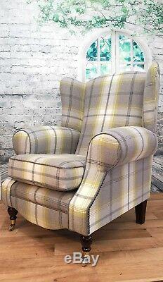 Wing Back Fireside Queen Anne Chair in Balmoral Citrus/Grey Tartan Fabric