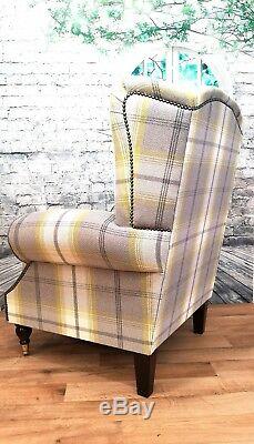 Wing Back Fireside Queen Anne Chair in Balmoral Citrus/Grey Tartan Fabric