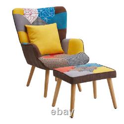 Wing Back Fireside Sofa Upholstered Patchwork Armchair Lounge Chair with Footstool