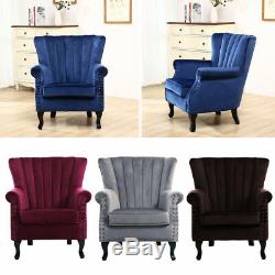 Wing Back Fireside Velvet Fabric Armchair Retro Rivets Sofa Lounge Tub Chair Uk