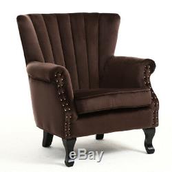 Wing Back Fireside Velvet Fabric Armchair Retro Rivets Sofa Lounge Tub Chair Uk