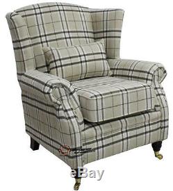 Wing Back Queen Anne Cottage Fireside High Back Wing Chair Balmoral Beige Check