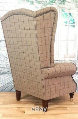 Wing Back Queen Anne Fireside Extra Tall Back Armchair Bamburgh Brown/Heather