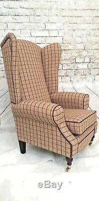 Wing Back Queen Anne Fireside Extra Tall Back Armchair Bamburgh Mulberry Check