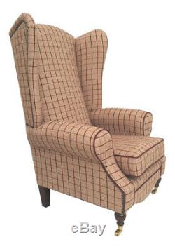 Wing Back Queen Anne Fireside Extra Tall Back Armchair Bamburgh Mulberry Check