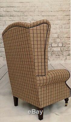 Wing Back Queen Anne Fireside Extra Tall Back Armchair Bamburgh Mulberry Check