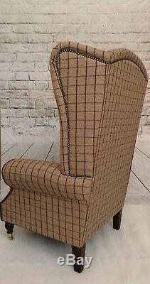 Wing Back Queen Anne Fireside Extra Tall Back Armchair Bamburgh Mulberry Check