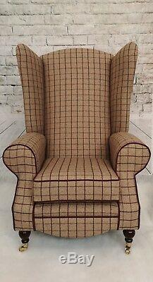 Wing Back Queen Anne Fireside Extra Tall Back Armchair Bamburgh Mulberry Check