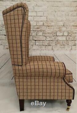 Wing Back Queen Anne Fireside Extra Tall Back Armchair Bamburgh Mulberry Check