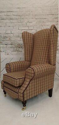 Wing Back Queen Anne Fireside Extra Tall Back Armchair Bamburgh Mulberry Check