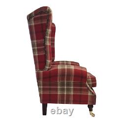 Wing Back Queen Anne Fireside Extra Tall High Back Chair Balmoral Red Tartan