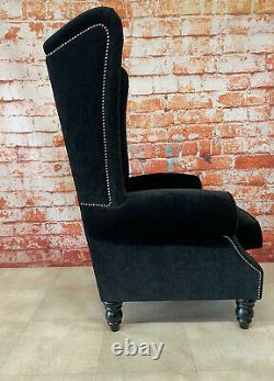 Wing Back Queen Anne Fireside Extra Tall High Back Chair Black Soft Touch Fabric
