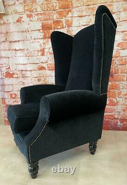 Wing Back Queen Anne Fireside Extra Tall High Back Chair Black Soft Touch Fabric