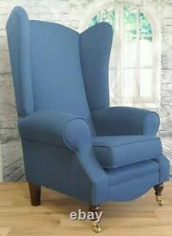 Wing Back Queen Anne Fireside Extra Tall High Back Chair Denim Blue Herringbone