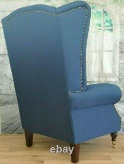Wing Back Queen Anne Fireside Extra Tall High Back Chair Denim Blue Herringbone
