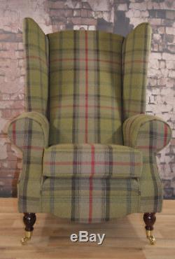 Wing Back Queen Anne Fireside Extra Tall High Back Chair Hunter Green Tartan
