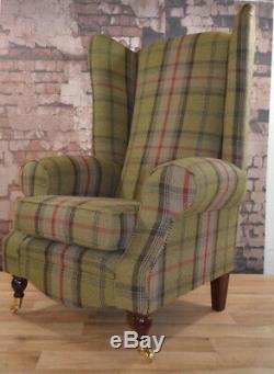 Wing Back Queen Anne Fireside Extra Tall High Back Chair Hunter Green Tartan