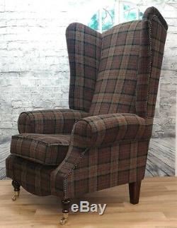 Wing Back Queen Anne Fireside Extra Tall High Back Chair Lana Green Tartan