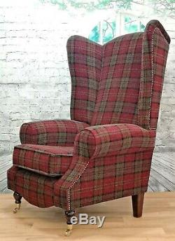 Wing Back Queen Anne Fireside Extra Tall High Back Chair Lana Red Tartan