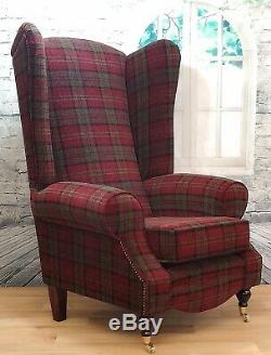 Wing Back Queen Anne Fireside Extra Tall High Back Chair Lana Red Tartan