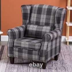 Wing Back Single Sofa Fireside Checked Fabric Tartan Check Armchair Living Room