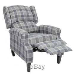 Wing Back Tartan Fabric Armchair Check Sofa Fireside Recliner Grey Chair