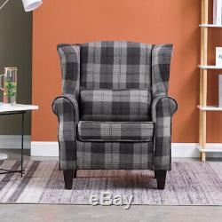 Wing Back Tartan Fabric Armchair Check Sofa Fireside Recliner Grey Chairs Seater