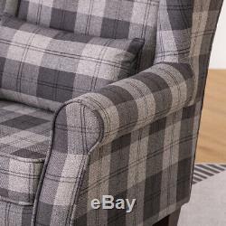 Wing Back Tartan Fabric Armchair Check Sofa Fireside Recliner Grey Chairs Seater