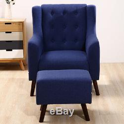 Wing Back Tub Chair Fabric Button Fireside Occasional Armchair With Footstool