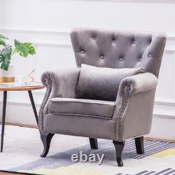 Wing Back Velvet Fabric Armchair Studded Fireside Reception Chair Home Office