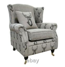 Wing Chair Deer Print Fireside High Back Armchair Chocolate Brown Real Fabric