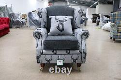 Wing Chair Fireside High Back Armchair Antler Stag Charcoal Grey