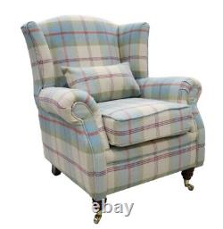 Wing Chair Fireside High Back Armchair Balmoral Aqua Blue Check Fabric P&s