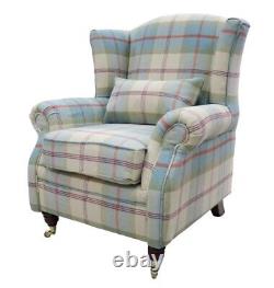 Wing Chair Fireside High Back Armchair Balmoral Aqua Blue Check Fabric P&s