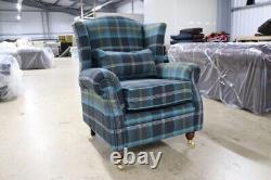 Wing Chair Fireside High Back Armchair Balmoral Azure Blue Check Fabric P&s