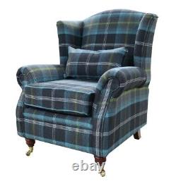 Wing Chair Fireside High Back Armchair Balmoral Azure Blue Check Fabric P&s