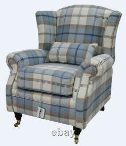 Wing Chair Fireside High Back Armchair Balmoral Sky Check Fabric P&s