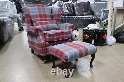Wing Chair Fireside High Back Armchair+ Footstool Balmoral Ruby Check Fabric P&s