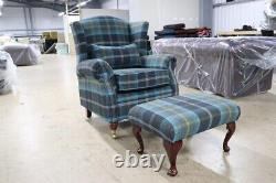 Wing Chair Fireside High Back Armchair+footstool Balmoral Blue Check Fabric P&s
