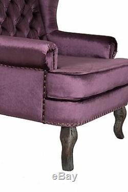 Wing back Fireside Armchair Nursing Queen Ann Velour Crush Purple Violet Velvet
