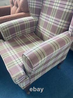 Wingback Armchair Accent Fireside Chair Handmade Pink Tartan Fabric Ex Display
