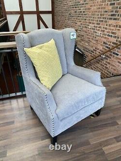 Wingback Armchair Fireside Studded Grey Fabric