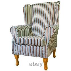 Wingback Fireside Armchair Chair Eleganza Blue & Chocolate Stripe Fabric SR17271