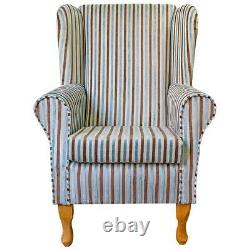 Wingback Fireside Armchair Chair Eleganza Blue & Chocolate Stripe Fabric SR17271