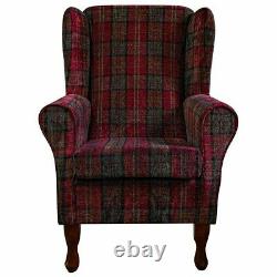 Wingback Fireside Armchair Chair in Red Lana Tartan Check Striped Fabric LAN1258